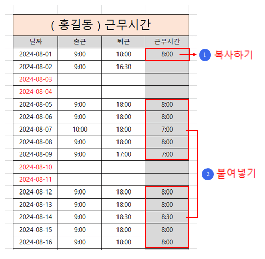 누적 근무 시간 계산 - 함수식 붙여넣기
