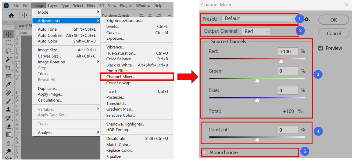 포토샵 Channel Mixer 색상 조절 - Channel Mixer로 보정 설정하기