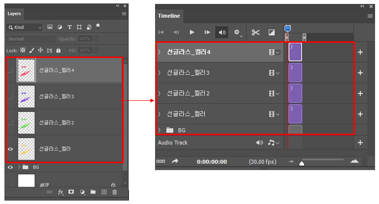 Timeline Panel - 레이어와 타임라인 동기화